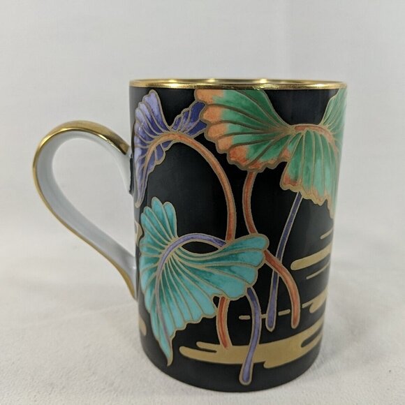 Fitz & Floyd Mallard Pond 339 Fine Porcelain Mug Black Gold Duck Bird Coffee - Picture 2 of 10